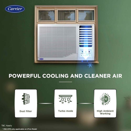 Carrier 2 Ton 3 Star Fixed Speed Window AC | 100% Copper | Energy Saver Mode | Turbo Mode | Remote Control (Estrella FX | White) 2025 Model