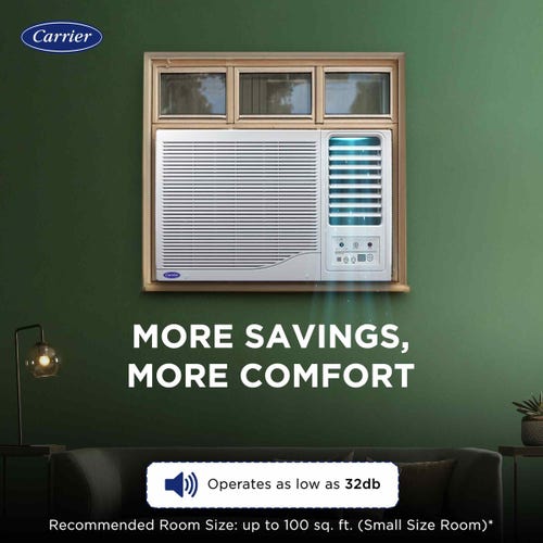 Carrier 2 Ton 3 Star Fixed Speed Window AC | 100% Copper | Energy Saver Mode | Turbo Mode | Remote Control (Estrella FX | White) 2025 Model