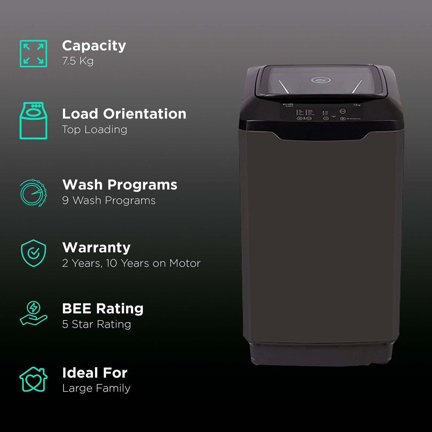 Godrej 7.5 kg 5 Star Inverter Fully Automatic Top Load Washing Machine (Eon Allure Classic, WTEON ALR C 75 5.0 FDANS GPGR, Cascade Waterfall Technology, Graphite Grey)