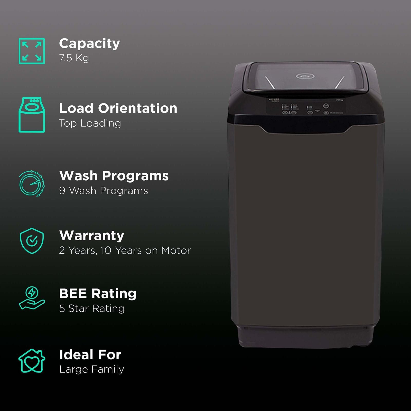 Godrej 7.5 kg 5 Star Inverter Fully Automatic Top Load Washing Machine (Eon Allure Classic, WTEON ALR C 75 5.0 FDANS GPGR, Cascade Waterfall Technology, Graphite Grey)