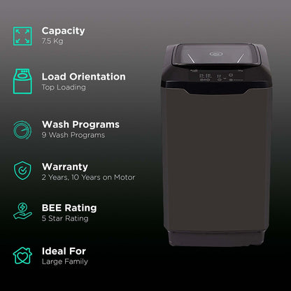 Godrej 7.5 kg 5 Star Inverter Fully Automatic Top Load Washing Machine (Eon Allure Classic, WTEON ALR C 75 5.0 FDANS GPGR, Cascade Waterfall Technology, Graphite Grey)