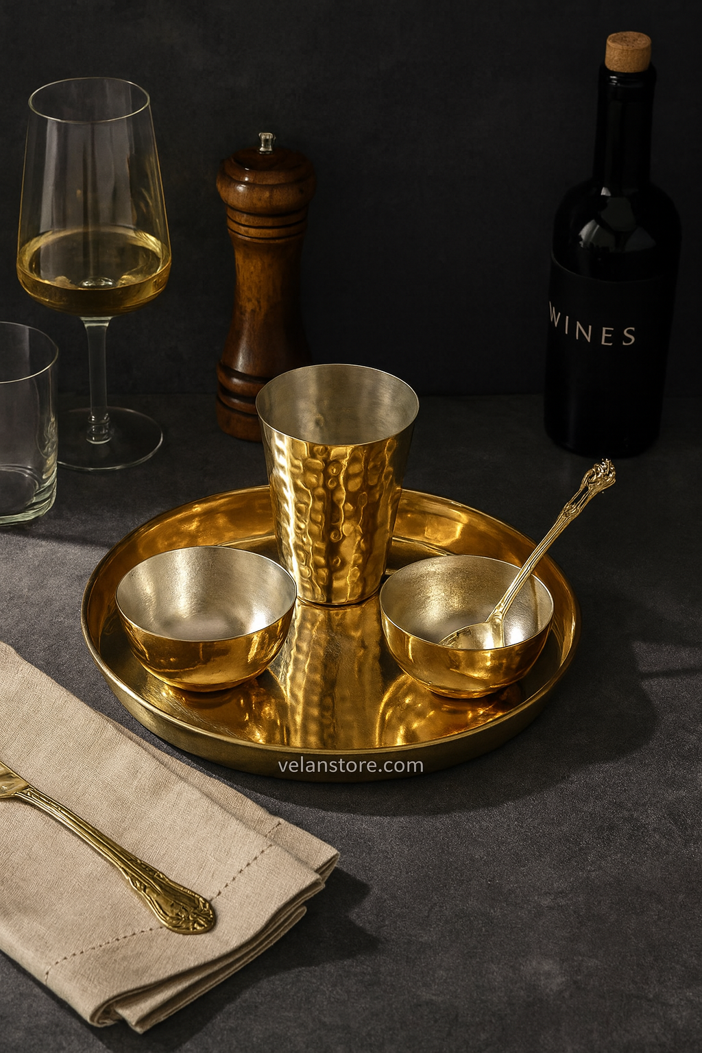 Brass Thaali Set - 5 pieces set (1 Thaali, 2 bowls, 1 glass and 1 spoon