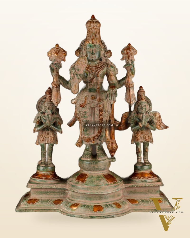 24-Inch Antique Brass Vishnu Statue, adorned with intricate sand patina finish, featuring Garuda and Hanuman.