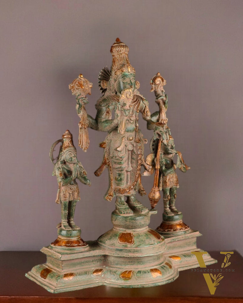 24-Inch Antique Brass Vishnu Statue, adorned with intricate sand patina finish, featuring Garuda and Hanuman.