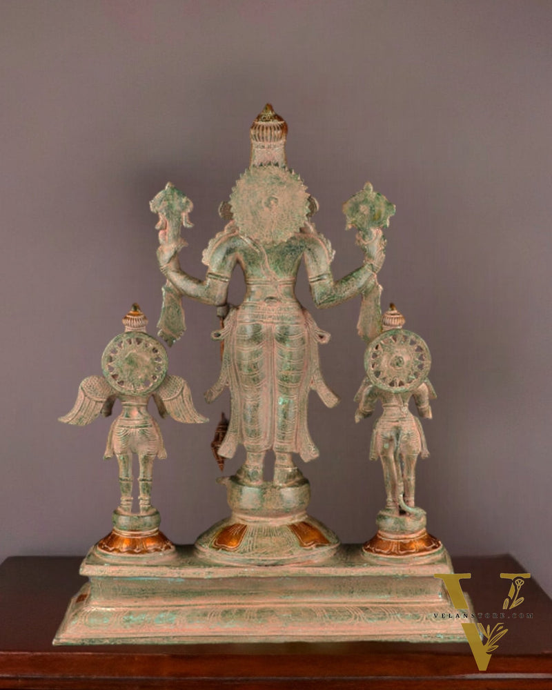 24-Inch Antique Brass Vishnu Statue, adorned with intricate sand patina finish, featuring Garuda and Hanuman.