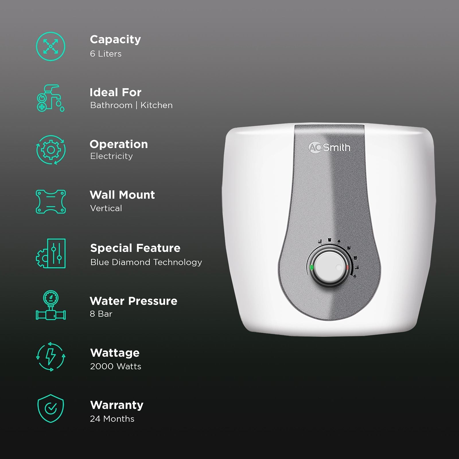 AO Smith Finesse 6 Litres 5 Star Vertical Storage Water Geyser with Glass Coated Incoloy Heating Element (White)