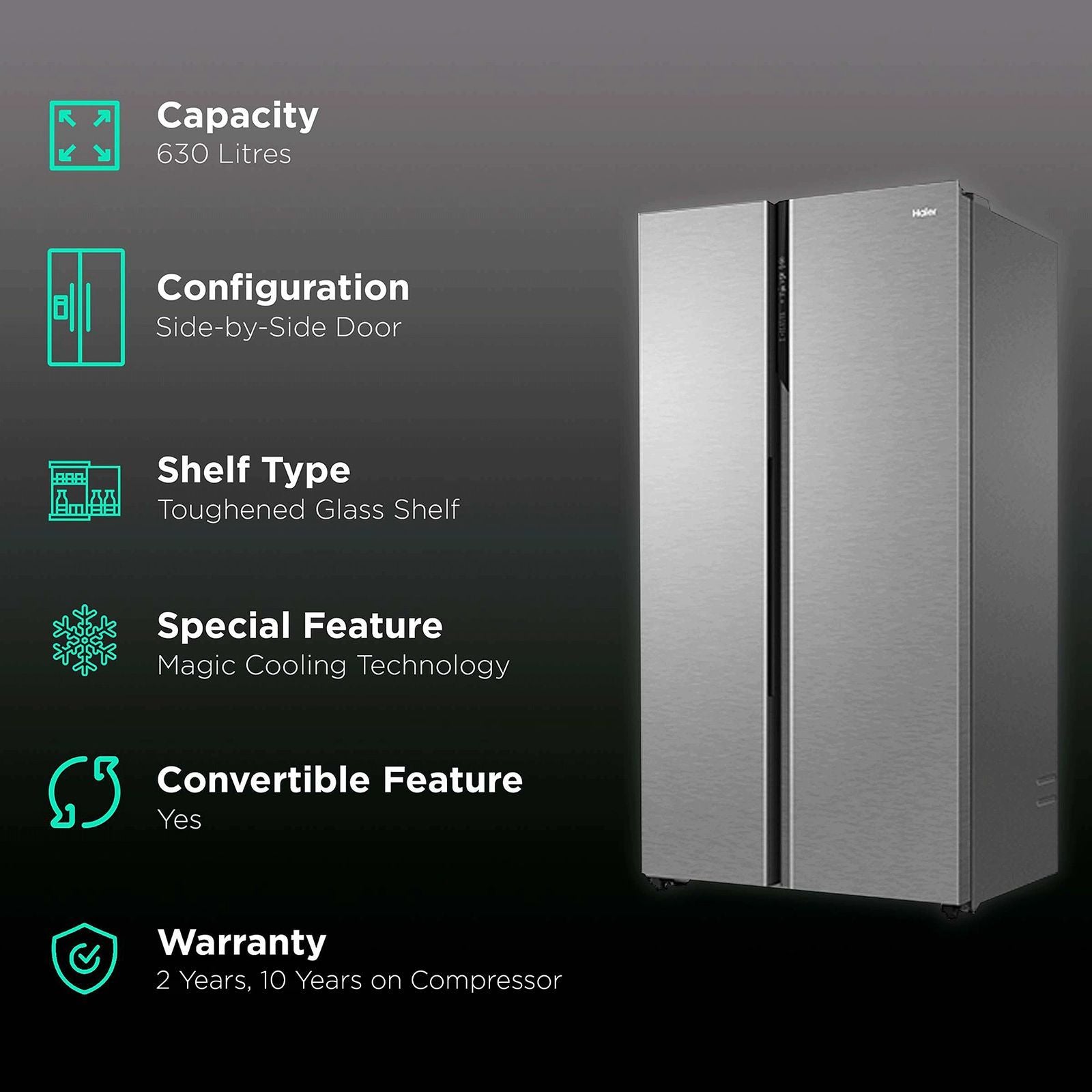 Haier 602 Litres 3 Star Frost Free Side by Side Refrigerator with Magic Cooling Technology (HRS-682SS, Shiny Steel)