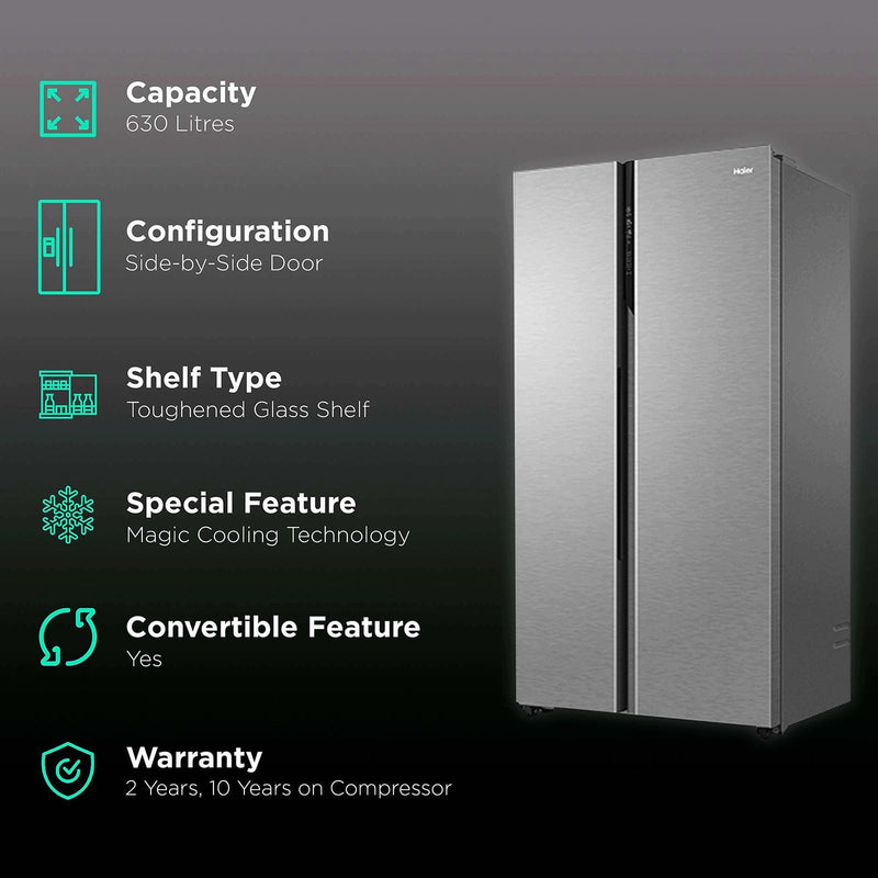 Haier 602 Litres 3 Star Frost Free Side by Side Refrigerator with Magic Cooling Technology (HRS-682SS, Shiny Steel)
