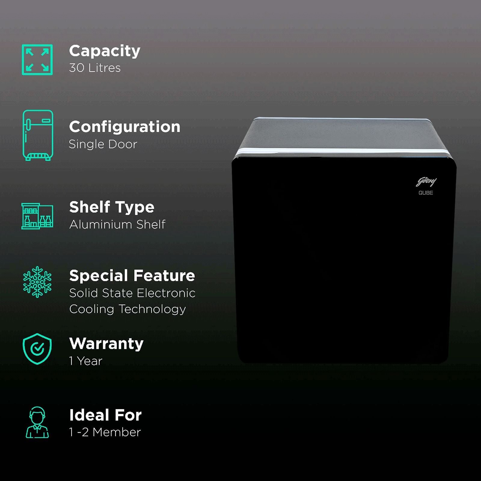 Godrej Qub30 Litres Frost Free Single Door Refrigerator with Solid State Electronic Cooling (TEC QUBE 30L HS Q103, Black)