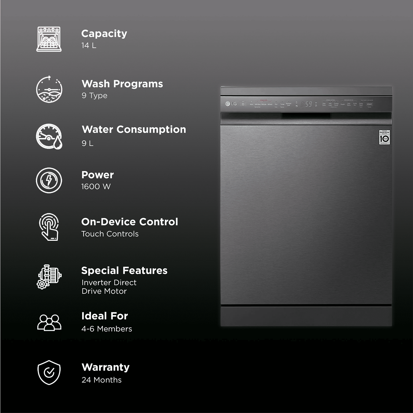 LG DFB424FM 14 Place Settings Free Standing Dishwasher with Inverter Direct Drive (Matt Black)