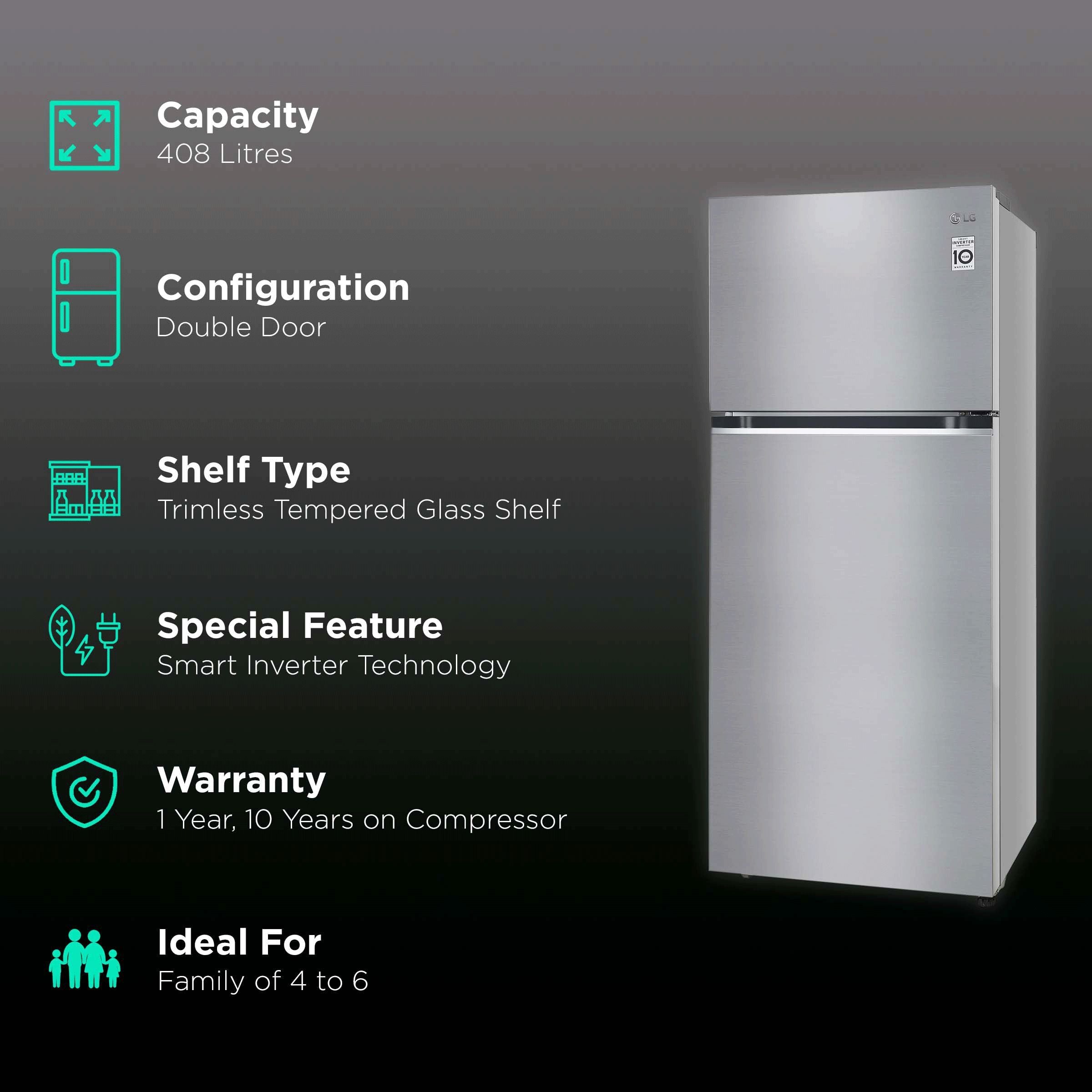 LG 380 Litres 2 Star Frost Free Double Door Refrigerator with Smart Diagnosis (GL-N412SDSY, Dazzle Steel)