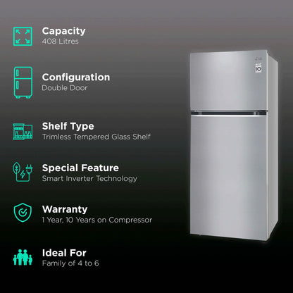 LG 380 Litres 2 Star Frost Free Double Door Refrigerator with Smart Diagnosis (GL-N412SDSY, Dazzle Steel)