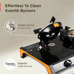 Prestige Svachh Glass Top Gas Stove (3 Burners) with Liftable Burners - GTSB-03, Prestige Svachh Triply Outer Lid Pressure Cooker with Unique Deep Lid for Spillage Control, 5 Litre, Silver