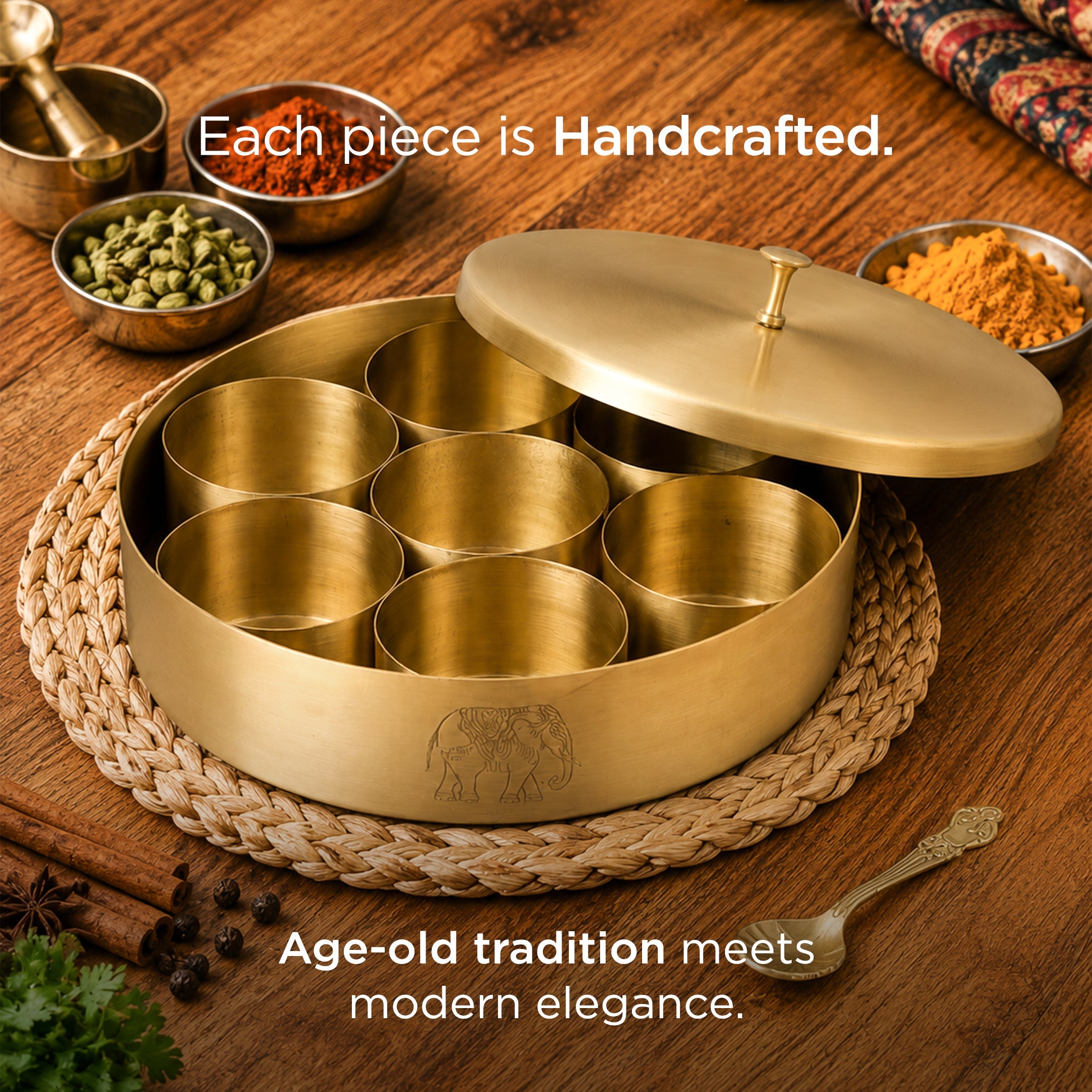 Handcrafted Brass Masala Box • 7 Compartments and a Spoon (पीतल की मसाला दानी) | Total Weight: ~1.2 kg