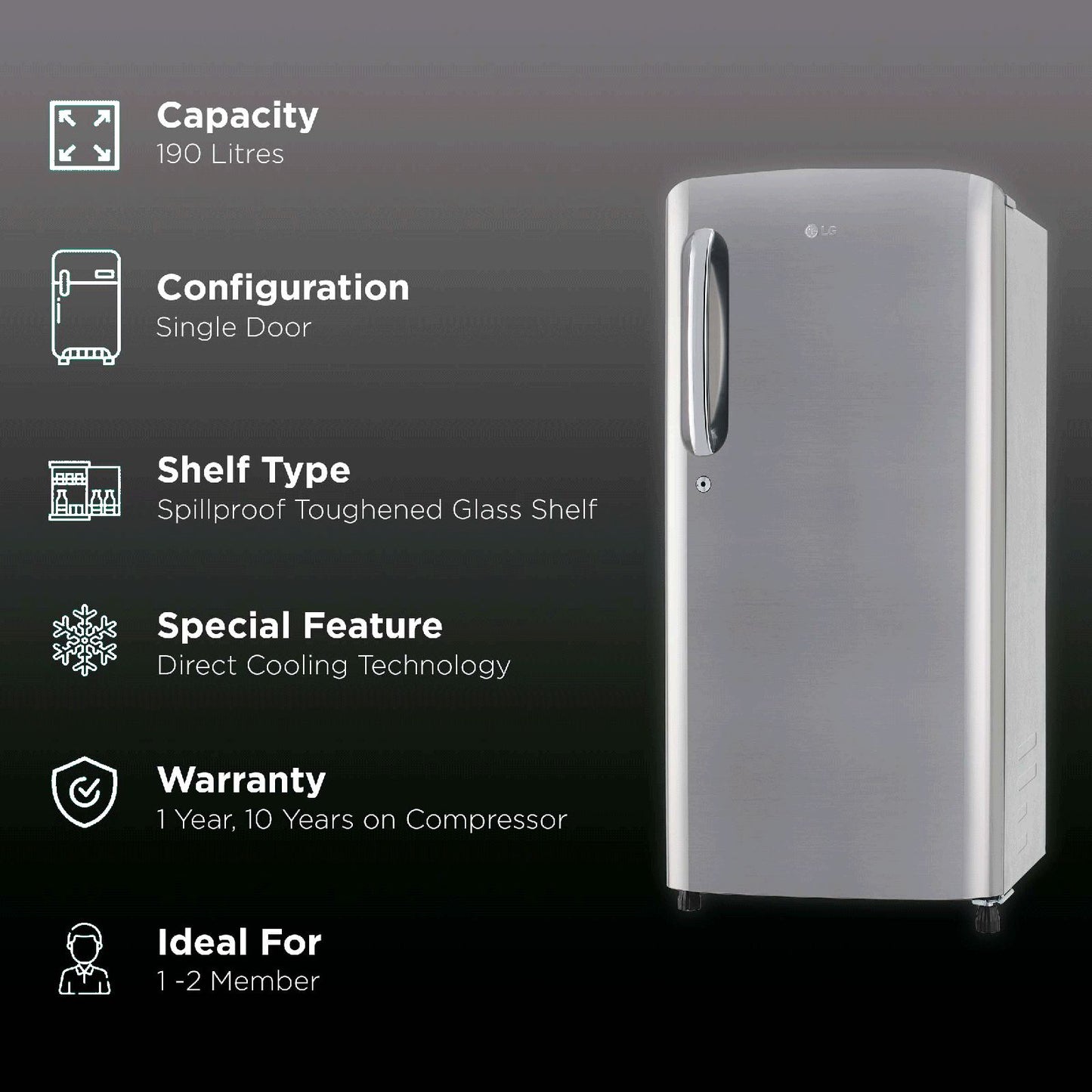 LG 185 Litres 3 Star Direct Cool Single Door Refrigerator with Stabilizer Free Operation (GL-B201APZD, Shiny Steel)