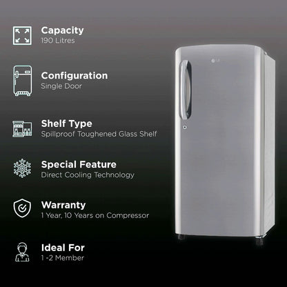 LG 185 Litres 3 Star Direct Cool Single Door Refrigerator with Stabilizer Free Operation (GL-B201APZD, Shiny Steel)