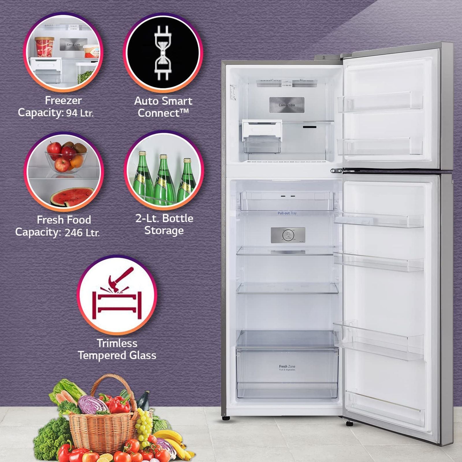 LG 322 Litres 2 Star Frost Free Double Door Convertible Refrigerator with Multi Air Flow System (GL-S342SPZY, Shiny Steel)