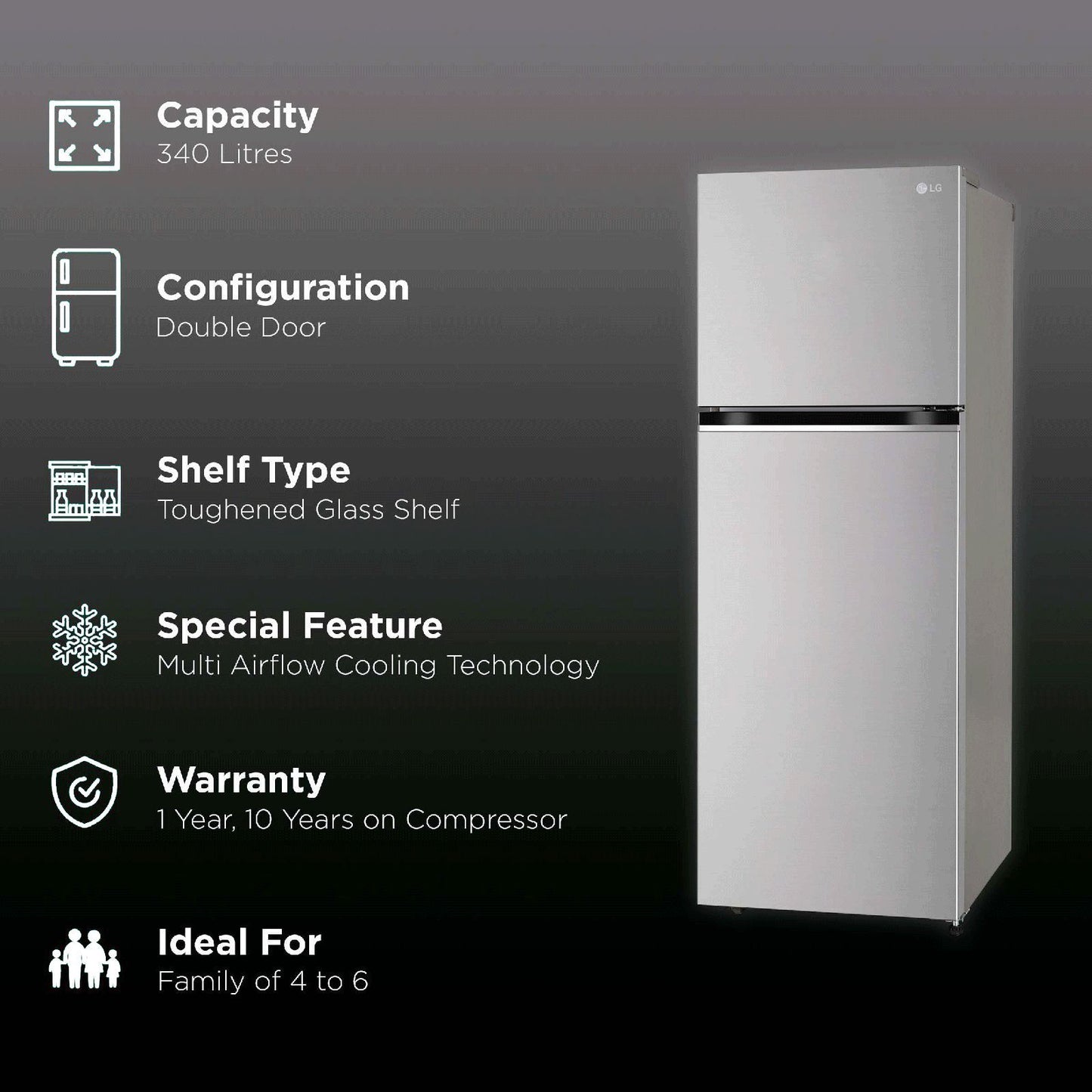 LG 322 Litres 2 Star Frost Free Double Door Convertible Refrigerator with Multi Air Flow System (GL-S342SPZY, Shiny Steel)