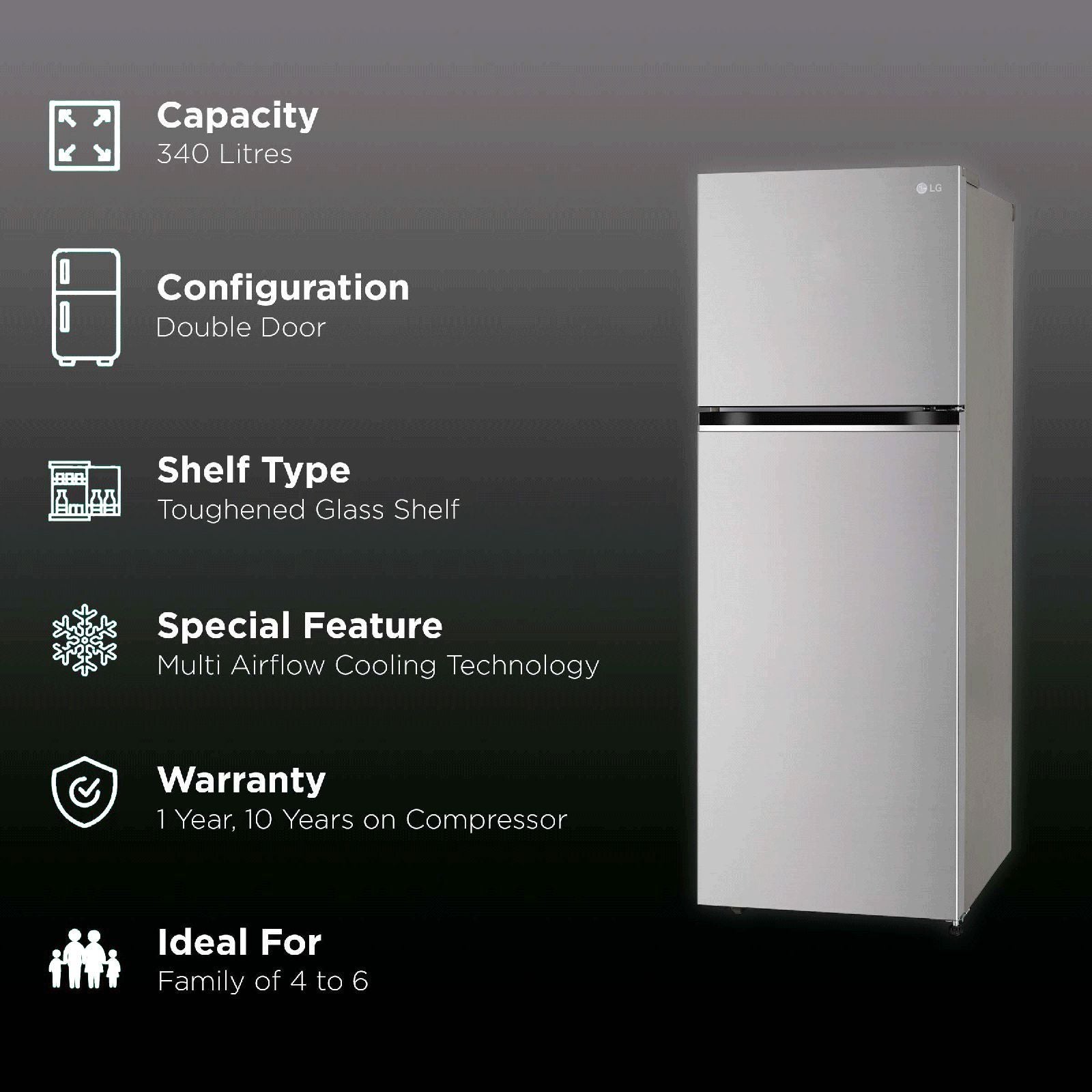 LG 322 Litres 2 Star Frost Free Double Door Convertible Refrigerator with Multi Air Flow System (GL-S342SPZY, Shiny Steel)