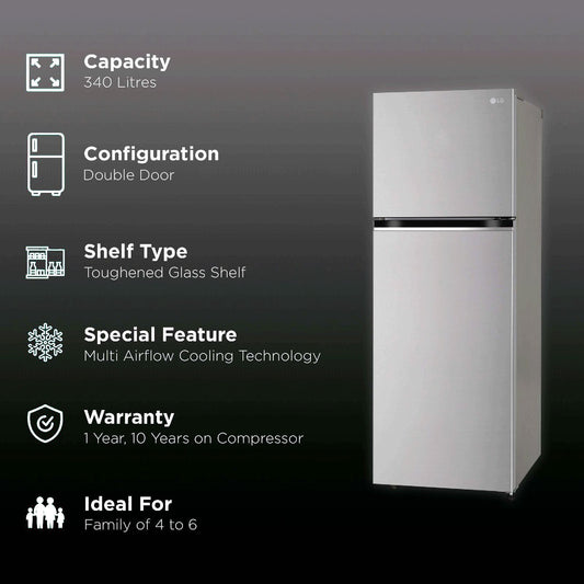 LG 322 Litres 2 Star Frost Free Double Door Convertible Refrigerator with Multi Air Flow System (GL-S342SPZY, Shiny Steel)