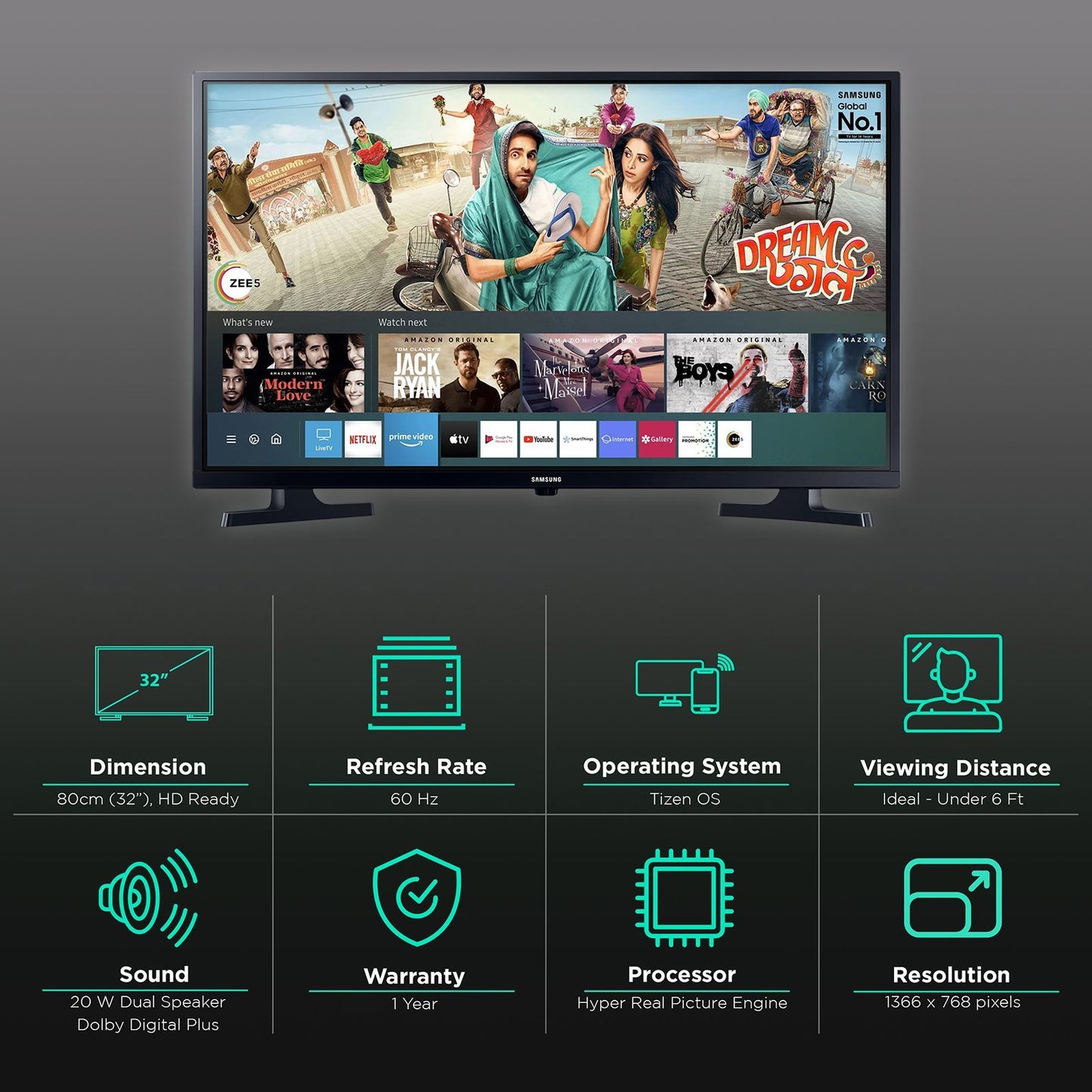 SAMSUNG Series 4 80 cm (32 inch) HD Ready LED Smart Tizen TV with Hyper Real Picture Engine (2020 Model)