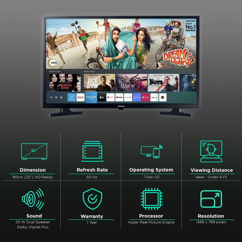 SAMSUNG Series 4 80 cm (32 inch) HD Ready LED Smart Tizen TV with Hyper Real Picture Engine (2020 Model)