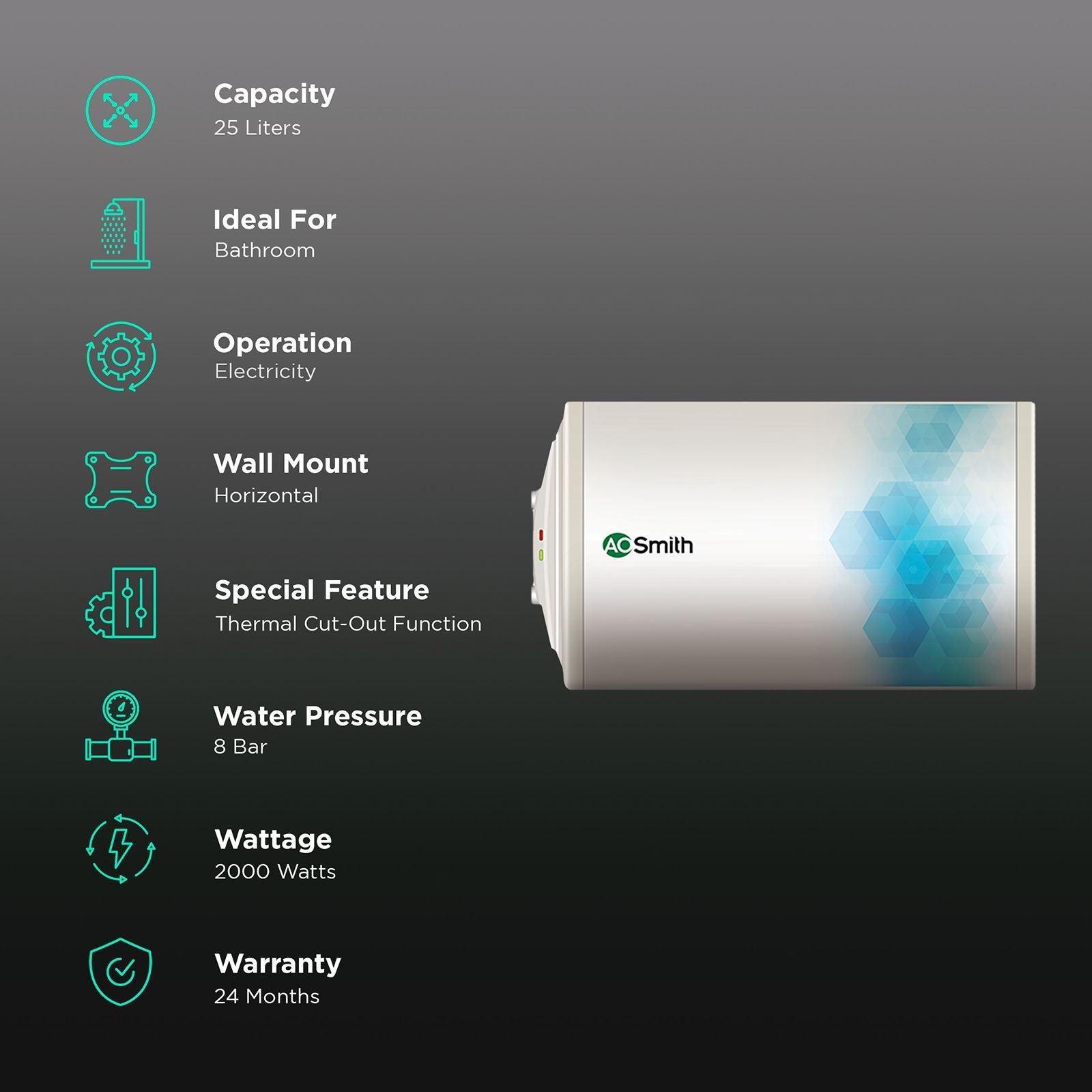 AO Smith Elegance Slim-LHS 25 Litres 3 Star Horizontal Storage Water Geyser with Glass Coated Incoloy Heating Element (White)