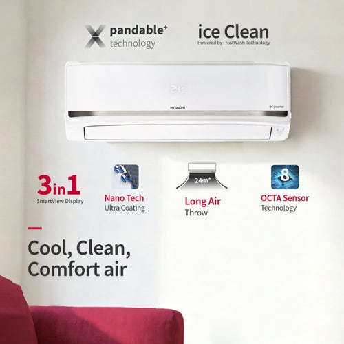 Hitachi 1 Ton 5 Star Inverter Split AC | Convertible Cooling | 4 Way Swing | Long Air Throw | Silent Mode (RASV518PCDIST15TSPL, 2026 Model - New BEE Rating) White