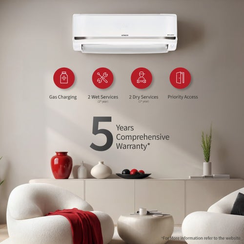 Hitachi 1 Ton 5 Star Inverter Split AC | Convertible Cooling | 4 Way Swing | Long Air Throw | Silent Mode (RASV518PCDIST15TSPL, 2026 Model - New BEE Rating) White