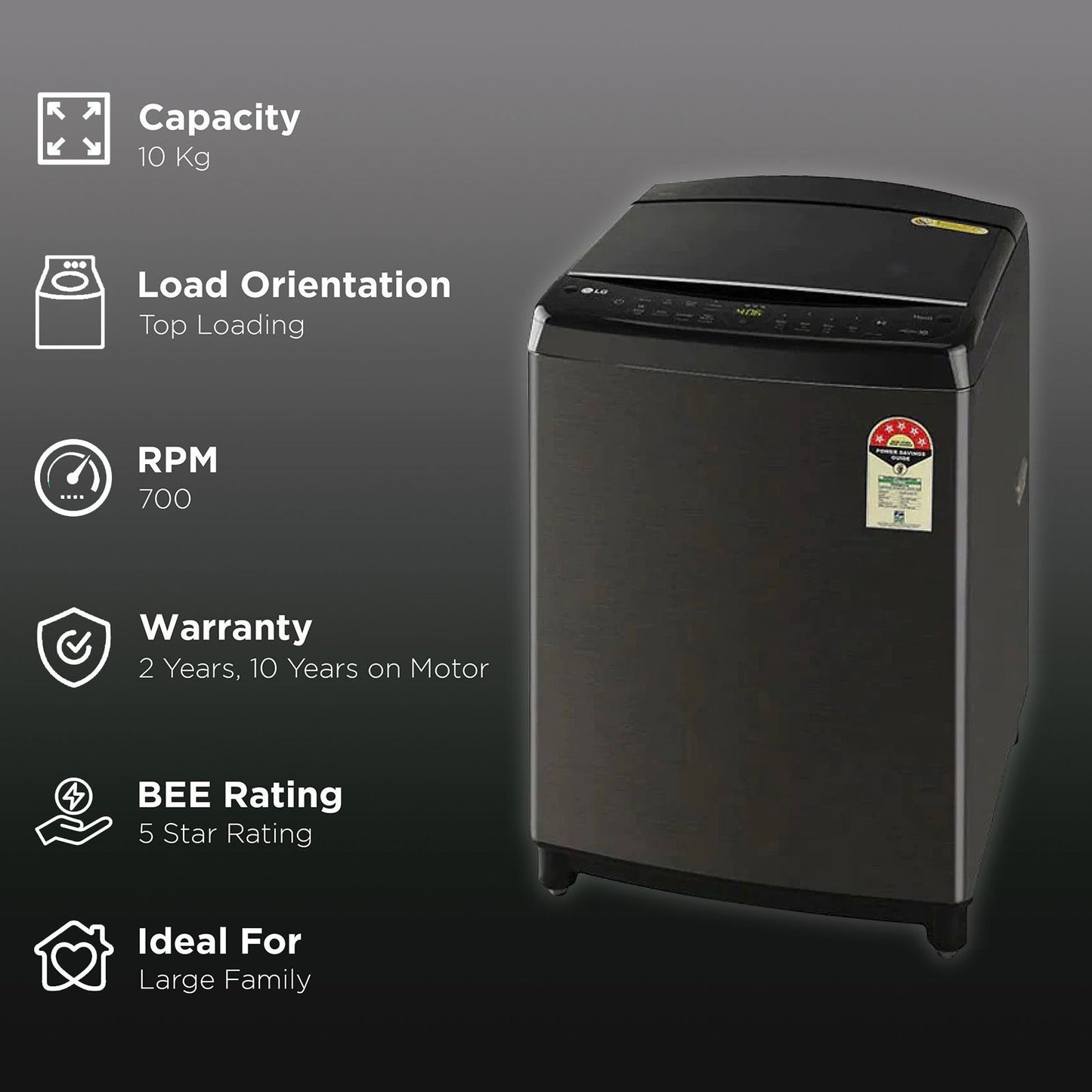 LG 10 kg 5 Star Inverter Fully Automatic Top Load Washing Machine (THD10SWP.APBQEIL, In-Built Heater, Platinum Black)
