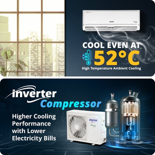 Voltas 1.5 Ton 3 Star Inverter Split AC | Copper | 4-in-1 Adjustable Mode | Turbo Cooling | High Ambient Cooling | Anti-Dust Filter (183INVVECTRAZENSILVER15TSPL, 2026 Model)