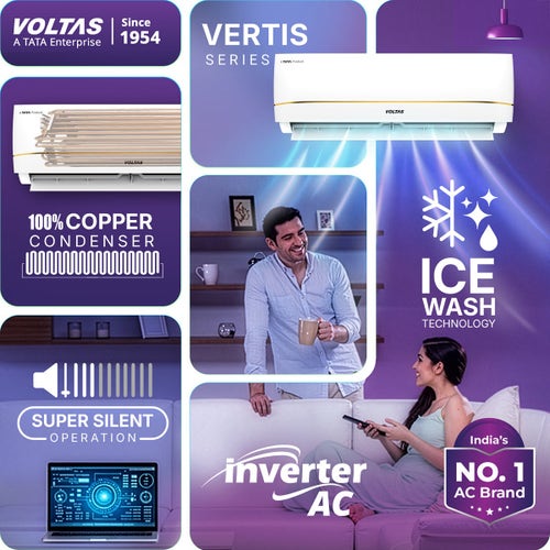 Voltas 1.5 Ton 3 Star Inverter Split AC | Copper | 4-Step Adjustable Mode | Turbo Cooling | High Ambient Cooling | Anti-Dust Filter (183INV Vertis Zenith Gold, White, 2026 Model)
