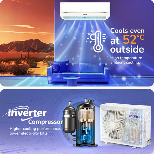 Voltas 1.5 Ton 3 Star Inverter Split AC | Copper | 4-Step Adjustable Mode | Turbo Cooling | High Ambient Cooling | Anti-Dust Filter (183INV Vertis Zenith Gold, White, 2026 Model)