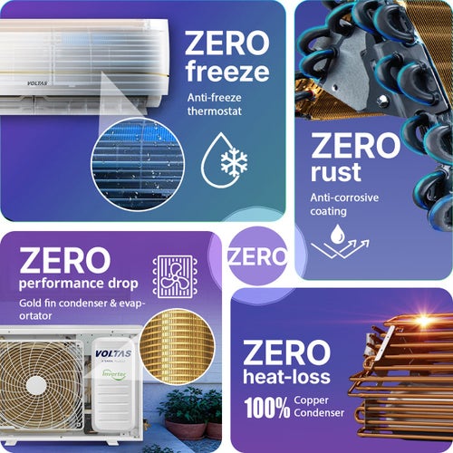 Voltas 1.5 Ton 3 Star Inverter Split AC | Copper | 4-Step Adjustable Mode | Turbo Cooling | High Ambient Cooling | Anti-Dust Filter (183INV Vertis Zenith Gold, White, 2026 Model)
