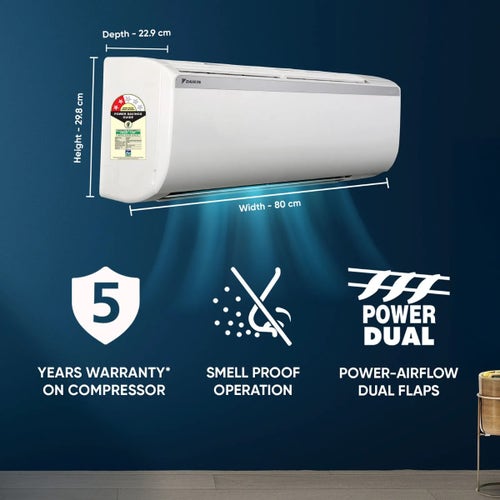 Daikin 1 Ton 2 Star Fixed Speed Split AC | 100% Copper Condenser | PM 2.5 Filter | Power Chill Operation | Coanda Airflow | Econo Mode (FTQ35XV, 2026 Model - New BEE Rating) White