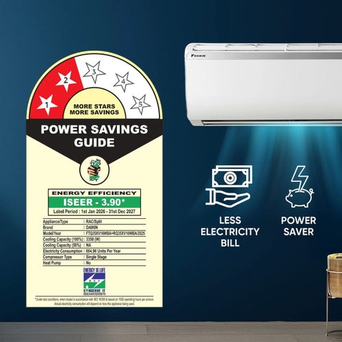 Daikin 1 Ton 2 Star Fixed Speed Split AC | 100% Copper Condenser | PM 2.5 Filter | Power Chill Operation | Coanda Airflow | Econo Mode (FTQ35XV, 2026 Model - New BEE Rating) White