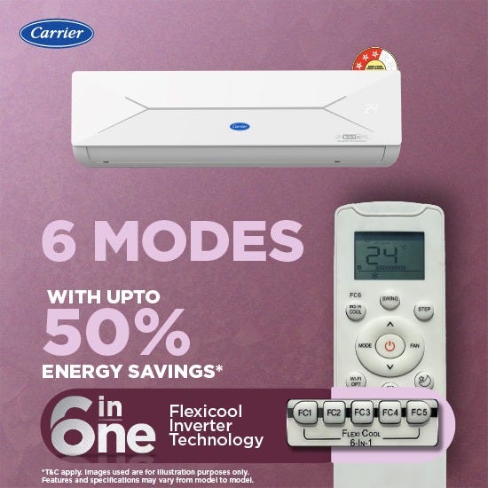 Carrier 1 Ton 3 Star Inverter Split AC | Flexicool 6-in-1 Convertible | Auto Cleanser | Refrigerant Leakage Detector | Copper Condenser (XCELEDGEGXI3SINV1TSPL, 2026 Model)