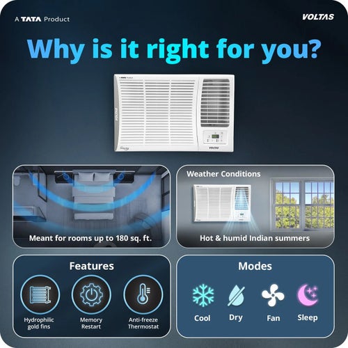 Voltas 1.5 Ton 2 Star Window AC | Copper Condenser | Anti-Dust Filter | Turbo Cooling | High Ambient Cooling (182FSELITE15TW, 2026 Model)