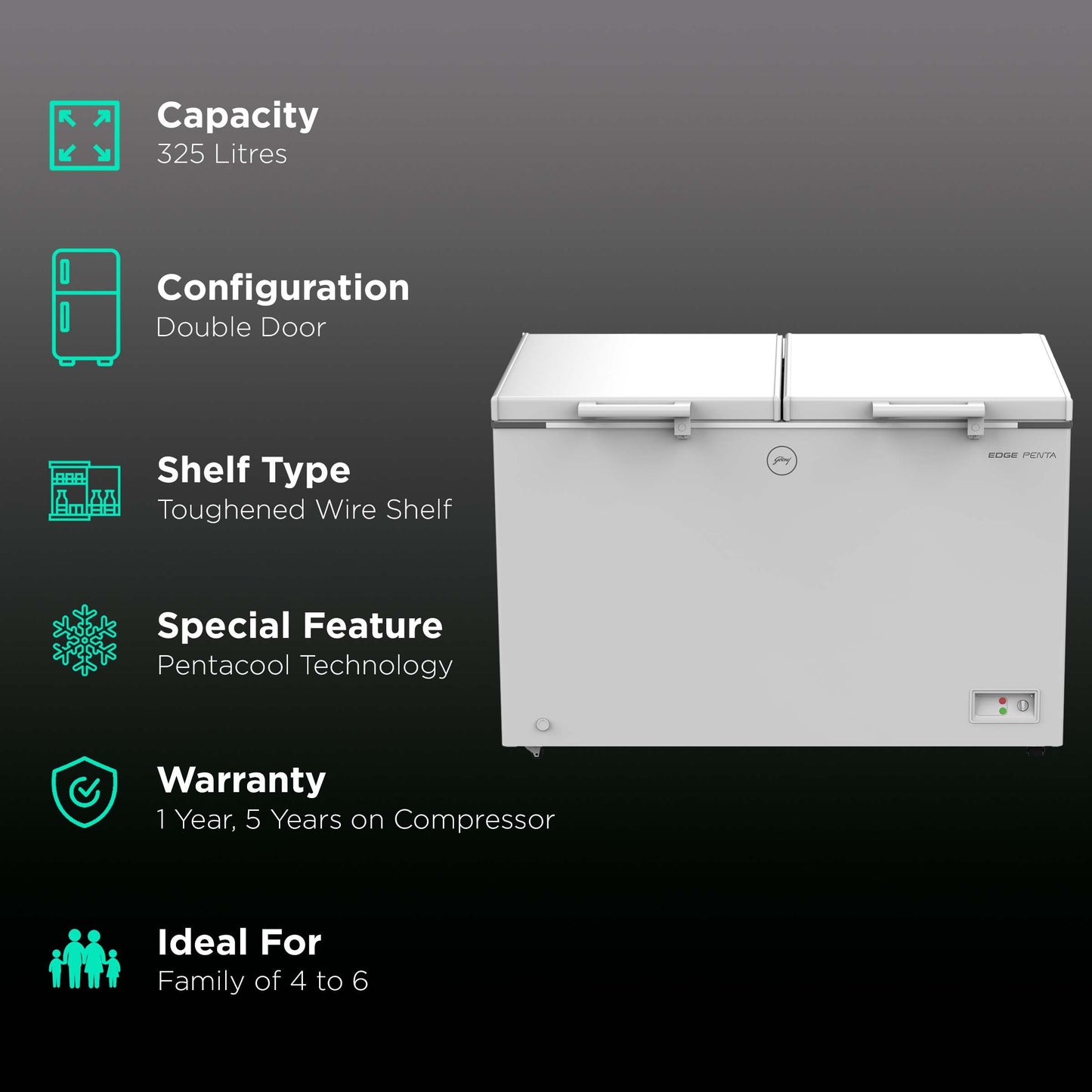 Godrej Edge Penta 300 Litres 3 Star Double Door Deep Freezer (ZOP Technology, DH EPenta 325C 31C, Royal White)