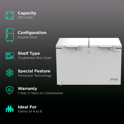 Godrej Edge Penta 300 Litres 3 Star Double Door Deep Freezer (ZOP Technology, DH EPenta 325C 31C, Royal White)