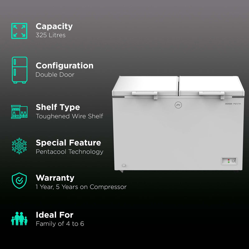 Godrej Edge Penta 300 Litres 3 Star Double Door Deep Freezer (ZOP Technology, DH EPenta 325C 31C, Royal White)