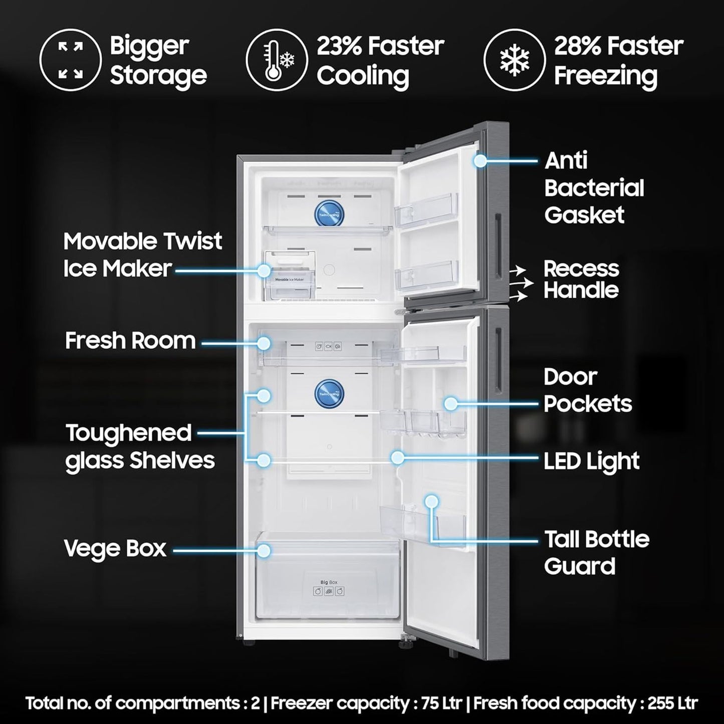 SAMSUNG 330 Litres 2 Star Frost Free Double Door Smart Wifi Enabled Refrigerator with Bespoke AI (RT34DG5A2BSLHL, EZ Clean Steel)