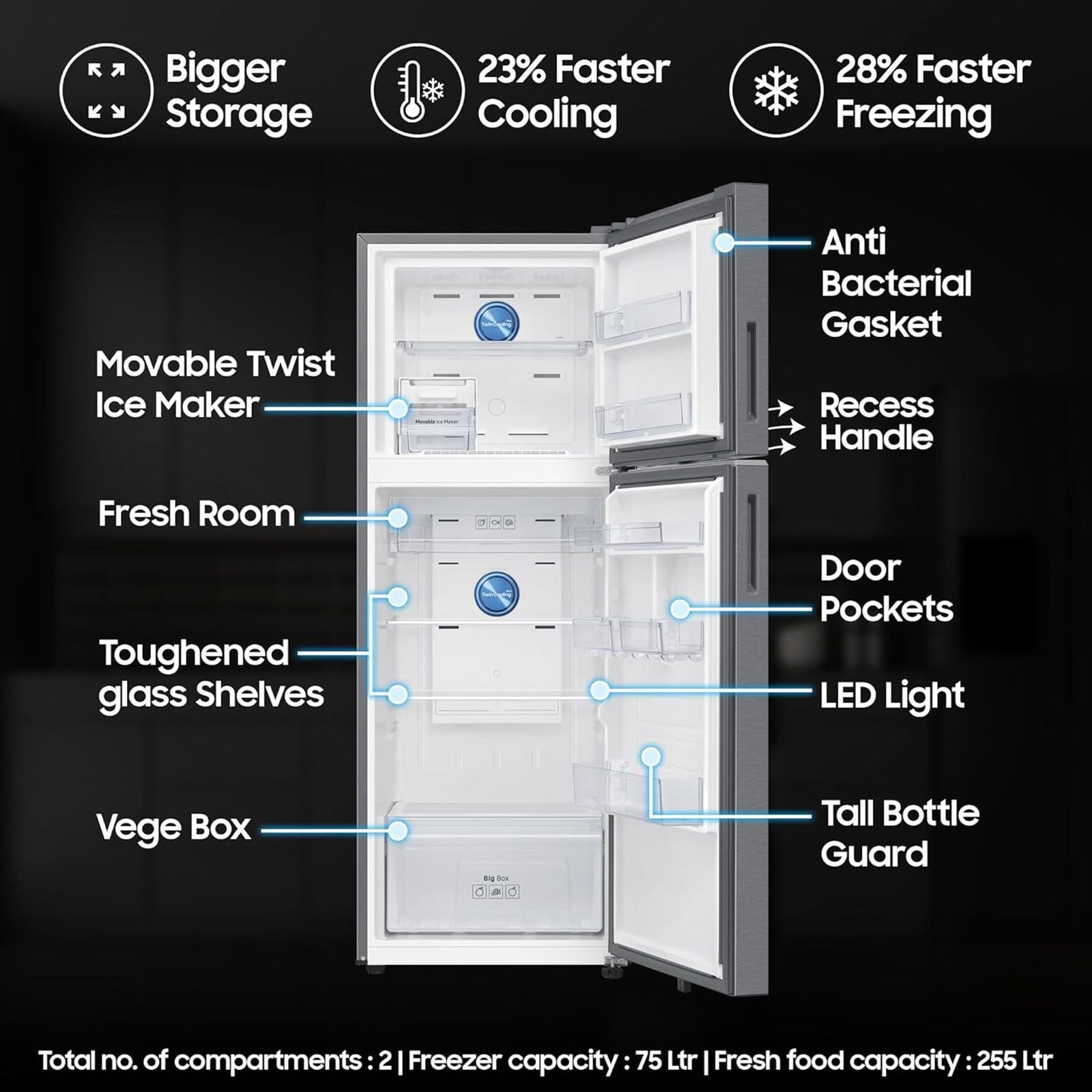 SAMSUNG 330 Litres 2 Star Frost Free Double Door Smart Wifi Enabled Refrigerator with Bespoke AI (RT34DG5A2BSLHL, EZ Clean Steel)