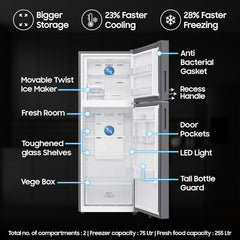 SAMSUNG 330 Litres 2 Star Frost Free Double Door Smart Wifi Enabled Refrigerator with Bespoke AI (RT34DG5A2BSLHL, EZ Clean Steel)