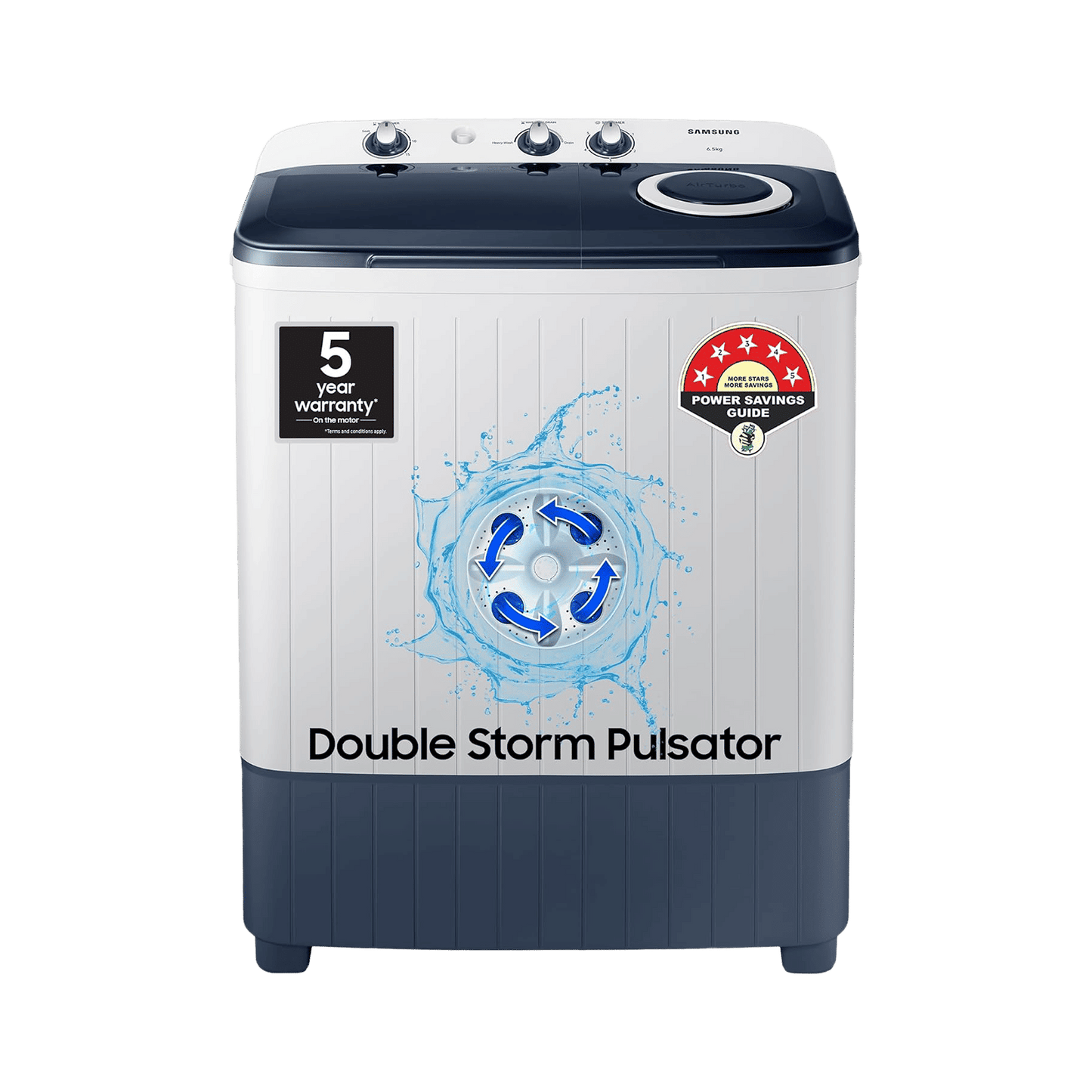 SAMSUNG 6.5 kg 5 Star Semi Automatic Washing Machine with Air Turbo Drying (WT65R2200LL/TL, Light Gray & Blue Base)