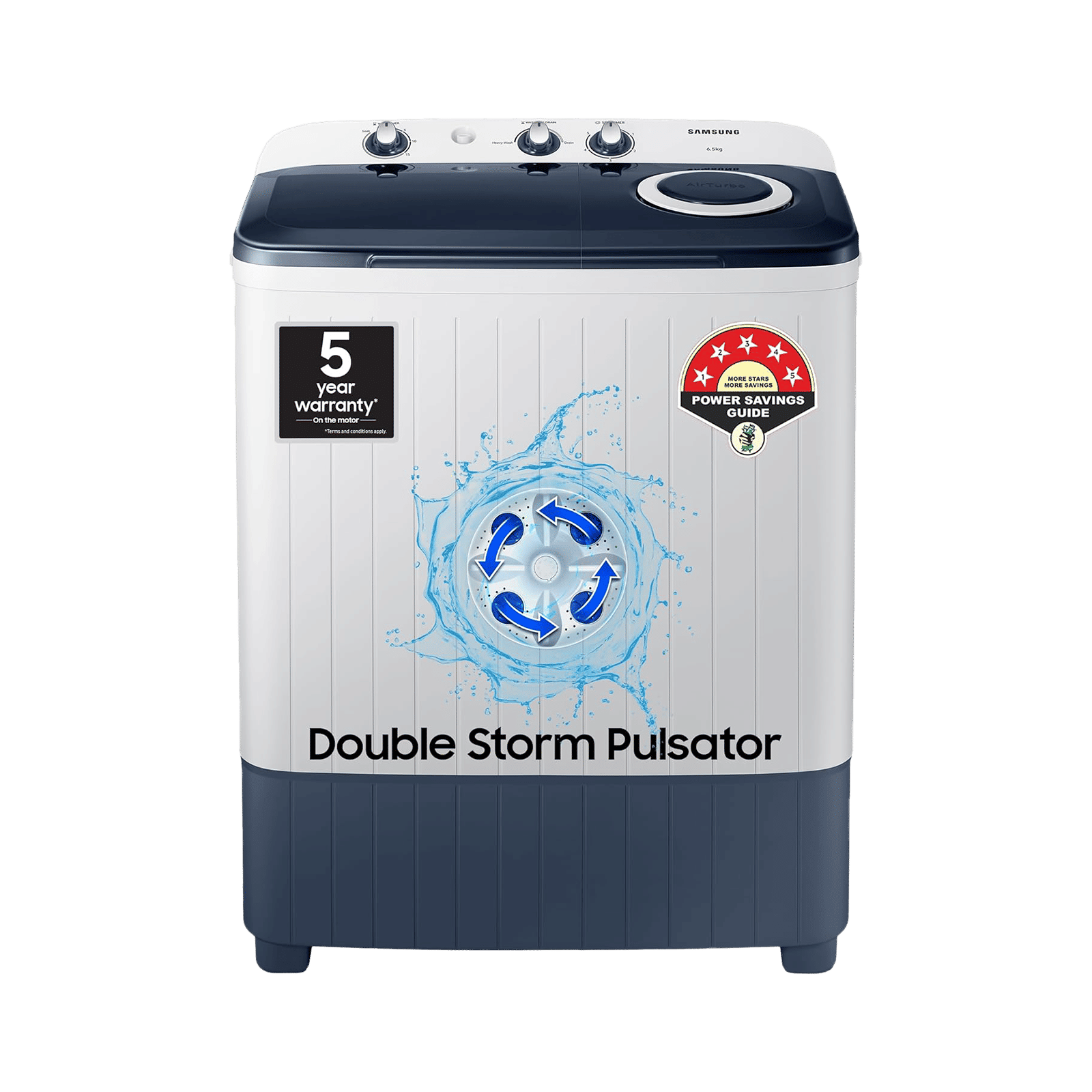 SAMSUNG 6.5 kg 5 Star Semi Automatic Washing Machine with Air Turbo Drying (WT65R2200LL/TL, Light Gray & Blue Base)