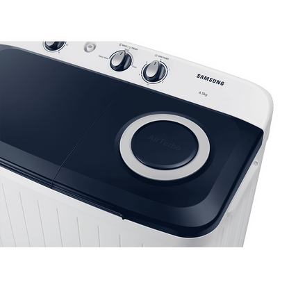 SAMSUNG 6.5 kg 5 Star Semi Automatic Washing Machine with Air Turbo Drying (WT65R2200LL/TL, Light Gray & Blue Base)