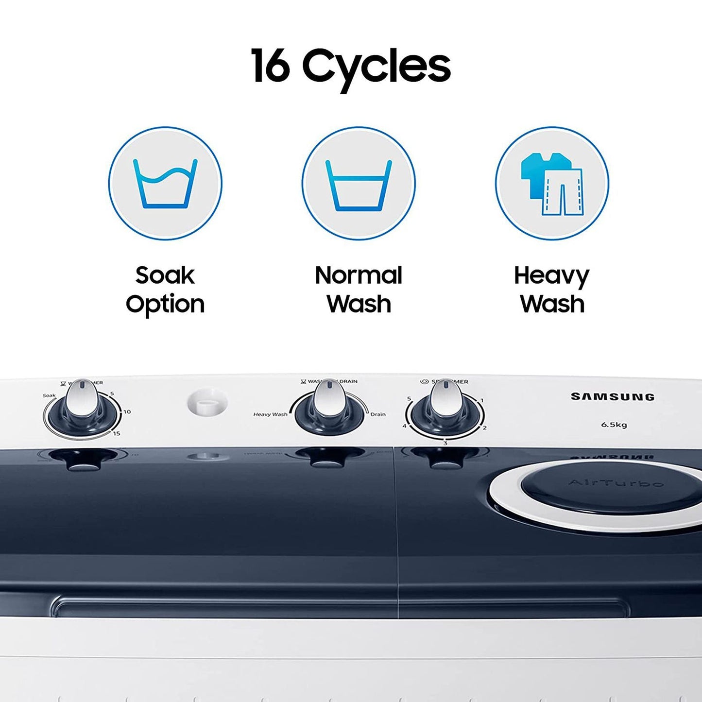 SAMSUNG 6.5 kg 5 Star Semi Automatic Washing Machine with Air Turbo Drying (WT65R2200LL/TL, Light Gray & Blue Base)