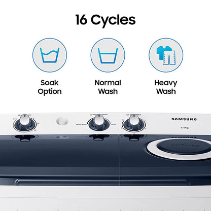 SAMSUNG 6.5 kg 5 Star Semi Automatic Washing Machine with Air Turbo Drying (WT65R2200LL/TL, Light Gray & Blue Base)