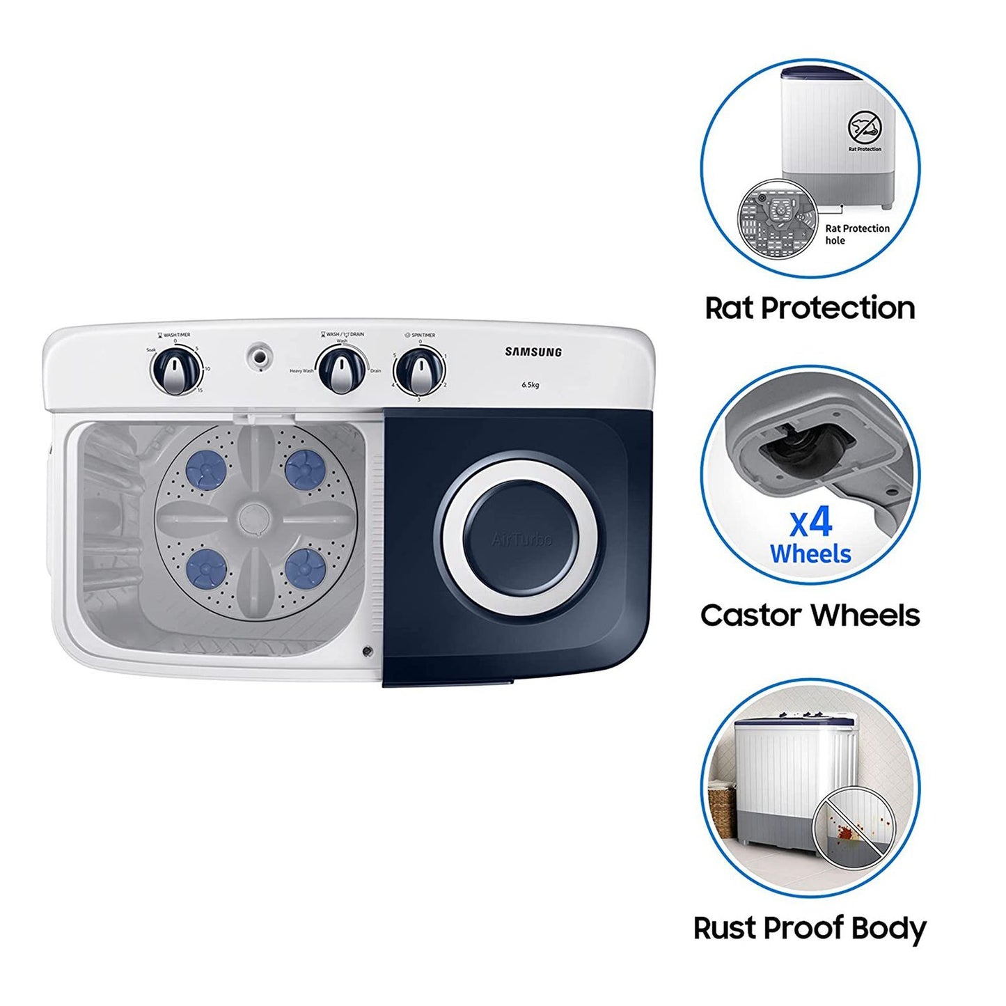 SAMSUNG 6.5 kg 5 Star Semi Automatic Washing Machine with Air Turbo Drying (WT65R2200LL/TL, Light Gray & Blue Base)